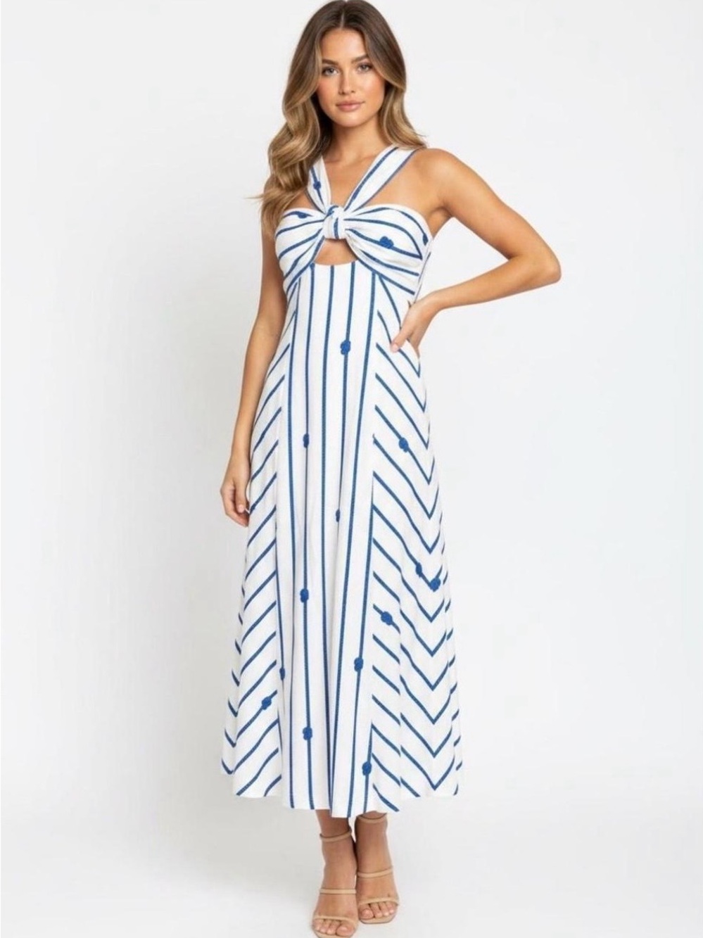 ANTONIO MELANI White & Blue Striped Tie-Front Maxi Dress